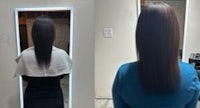 two pictures of a woman with long hair in front of a mirror